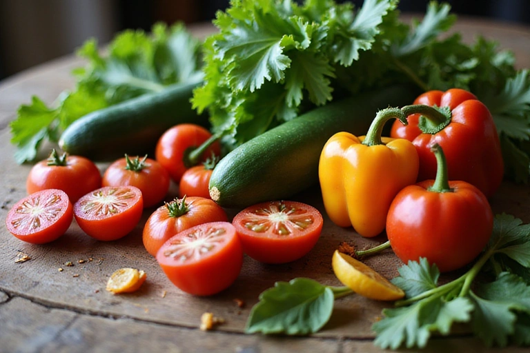Assortiment de légumes frais et colorés sur une planche en bois, avec un éclairage naturel doux