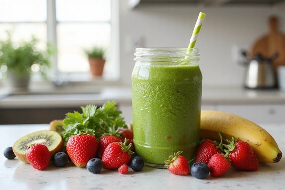 Un smoothie vert frais et des fruits colorés sur une table de cuisine lumineuse, symbolisant une alimentation saine et énergisante.