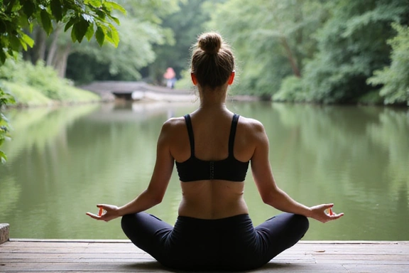 Une personne sereine pratiquant le yoga ou la méditation dans un cadre naturel paisible, symbolisant la gestion du stress et la tranquillité.