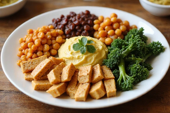 Une assiette colorée et appétissante remplie de diverses protéines végétales, comme des lentilles, des pois chiches, du tofu et des légumes verts, joliment présentée sur une table en bois.