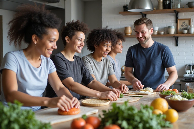 Groupe de personnes souriantes participant à un atelier de cuisine saine
