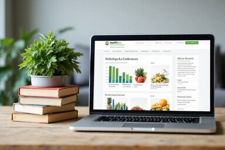 Une pile de livres sur la nutrition et un ordinateur portable affichant des graphiques de données de santé, symbolisant les ressources éducatives