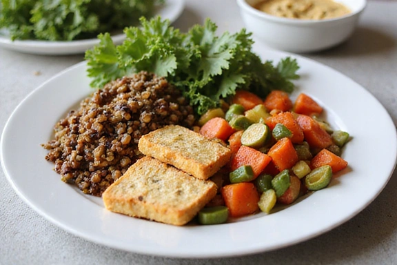 Assiette équilibrée avec diverses sources de protéines végétales comme des lentilles, du tofu et des légumes colorés.