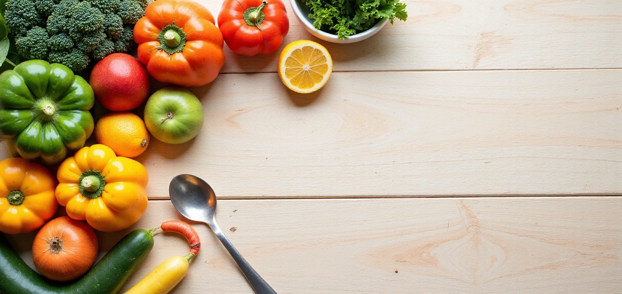 Image abstraite de légumes frais et d'ustensiles de cuisine, symbolisant la nutrition et la cuisine saine.