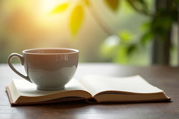 Un café et un journal sur une table, avec une lumière douce, invitant à la réflexion.