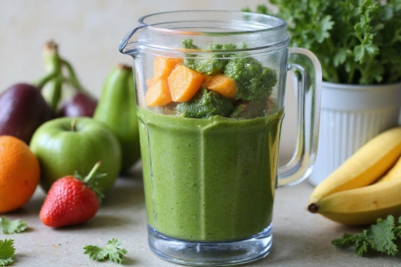 Un mixeur rempli de fruits et légumes frais, préparant un smoothie vert détox.