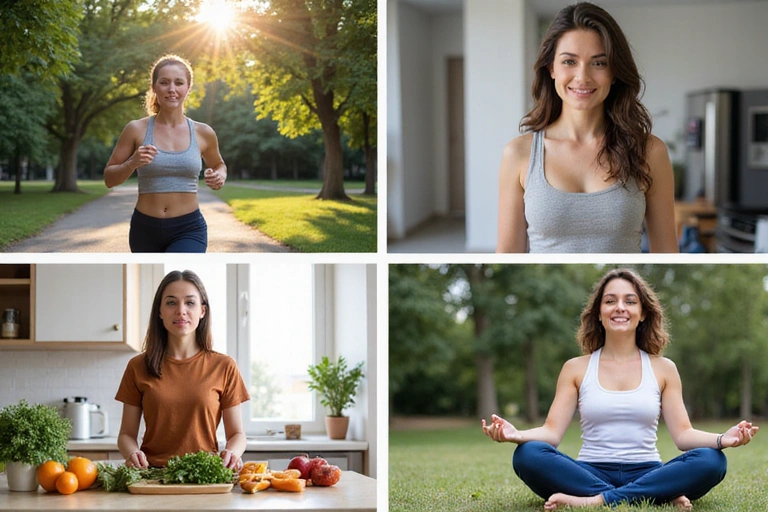 Diverses personnes engagées dans des activités saines : une personne faisant du jogging, une autre préparant des légumes, et une troisième méditant.