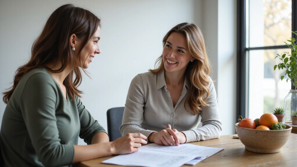Une femme souriante discutant avec une diététicienne dans un bureau lumineux.