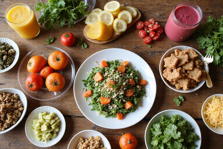 Une table avec un assortiment coloré de salades, de bols de céréales et de smoothies, illustrant des repas sains.