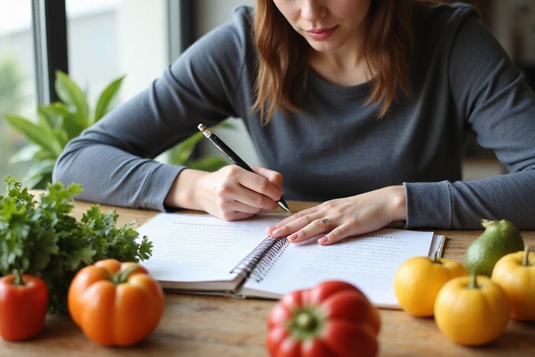 Une femme écrivant dans un carnet avec des fruits et légumes frais sur la table, symbolisant un plan nutritionnel.