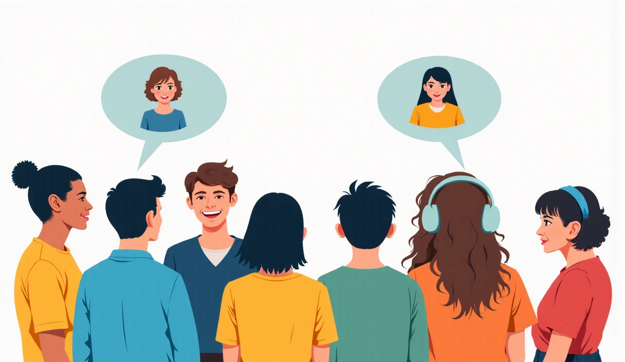 Une illustration de personnes communiquant, symbolisant l'écoute et l'aide.