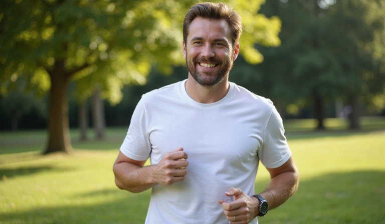 Homme souriant et énergique faisant de l'exercice après avoir amélioré sa santé
