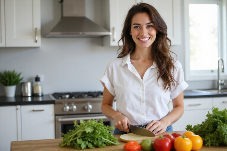 Une femme souriante préparant un repas sain dans une cuisine moderne, illustrant un mode de vie équilibré