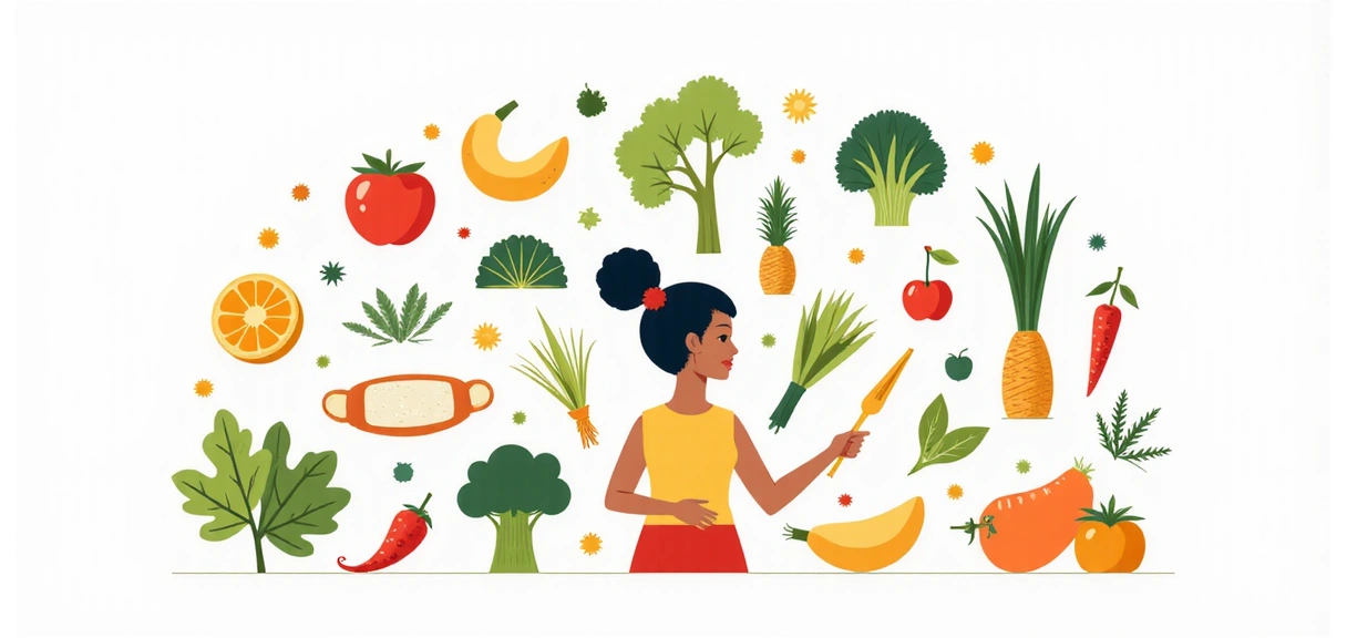 Une illustration abstraite représentant la diversité des services de nutrition et bien-être offerts, avec des éléments comme des fruits, des légumes, des haltères et des symboles de sérénité.